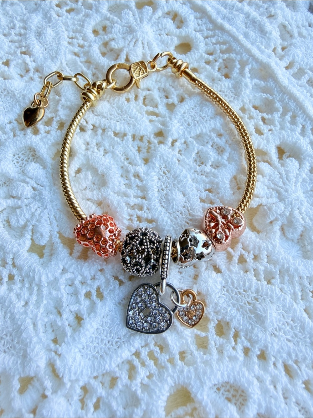 Gold-Tone Heart Charm Bracelet with Rose Gold & Silver Accents - Picture 2 of 4